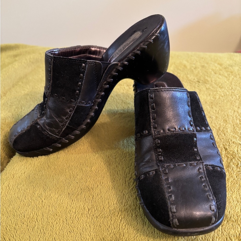 Jennifer Lopez Black Patchwork Leather Clog Mules